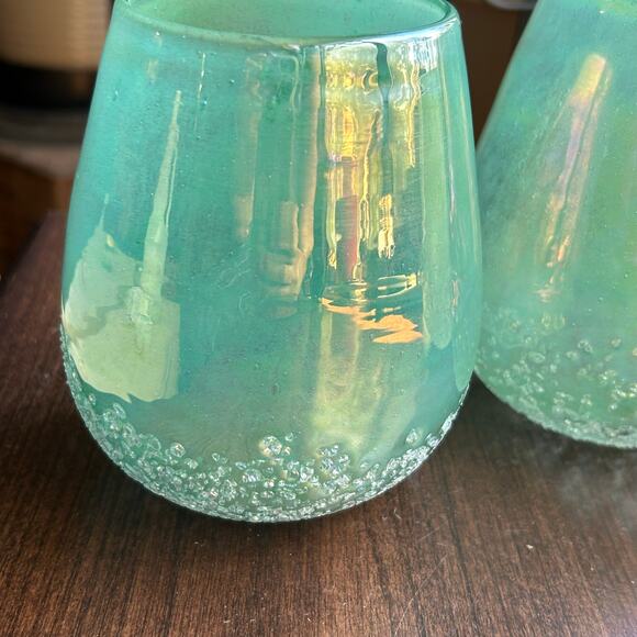 3 IRIDESCENT SEAGREEN Hard Glass WATERSCAPE VASE Candle Holder Handcrafted - Picture 8 of 10
